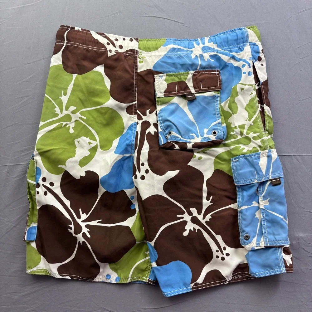 Aeropostale Mens Board Shorts Blue Brown Green Hibiscus Floral Cargo Trunks M